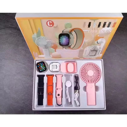 Coffret Connecté D96 Plus 3-en-1 – Montre Connectée, Écouteurs Bluetooth et Mini Ventilateur USB