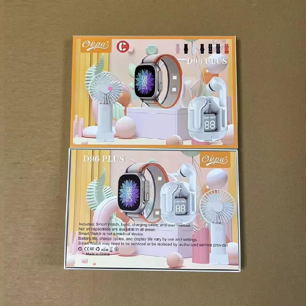 Coffret Connecté D96 Plus 3-en-1 – Montre Connectée, Écouteurs Bluetooth et Mini Ventilateur USB